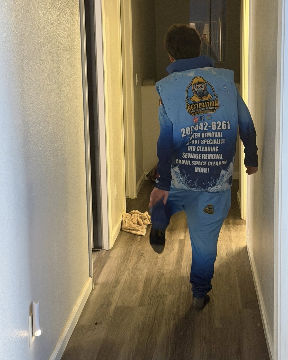 Rextoration technician in branded company jacket working an emergency job