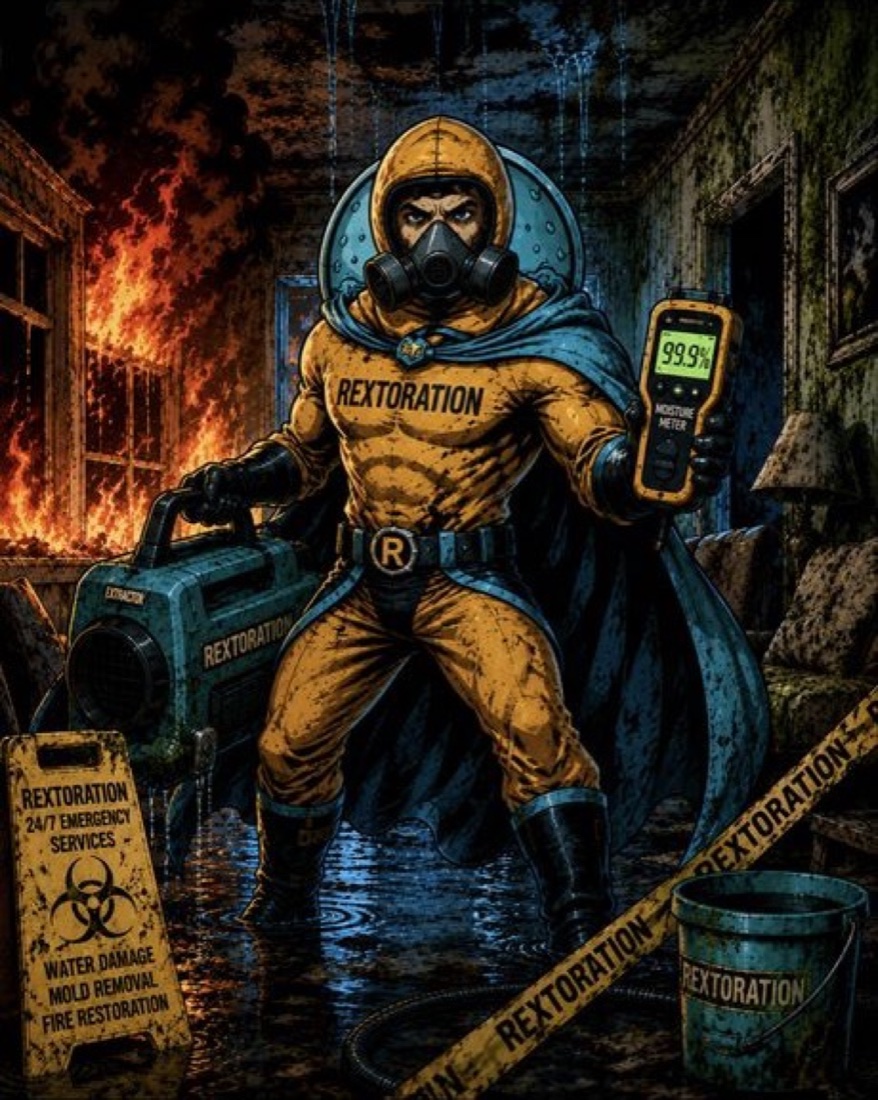 Rextoration hero in a yellow hazmat suit holding a moisture meter reading 99.9% inside a flooded, fire-damaged room