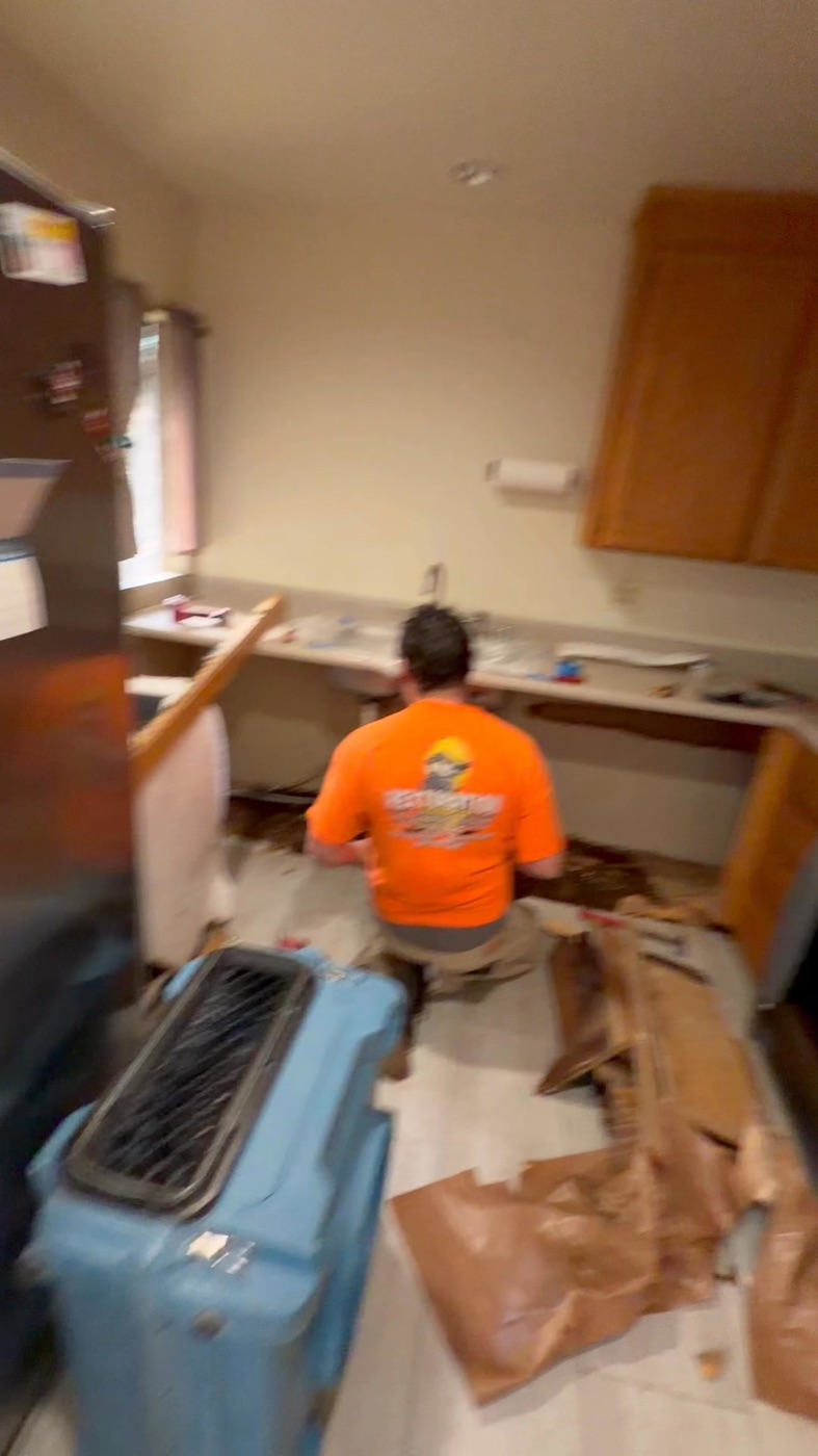 Rextoration technician in branded shirt removing water-damaged flooring with an air mover running